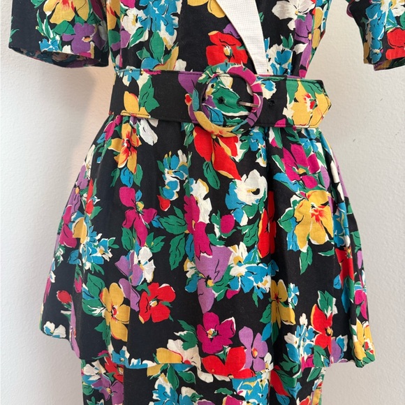 Vintage 80s 90s Floral Peplum Collared Dress Cotton 10 Medium Large Cottagecore - Picture 3 of 12